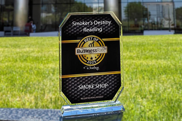 Award plaque for 'Smoker's Destiny - Reading' recognizing it as the 'Best Smoke Shop of 2025.