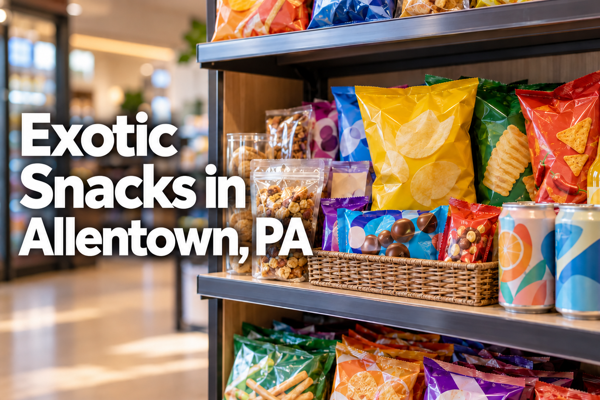 A selection of colorful packaged snacks and drinks at a local store
