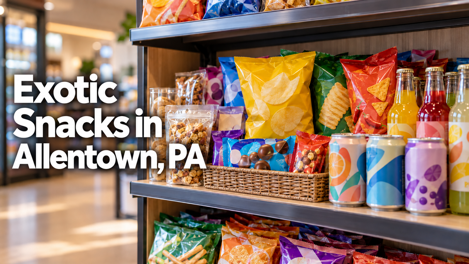 A selection of colorful packaged snacks and drinks at a local store