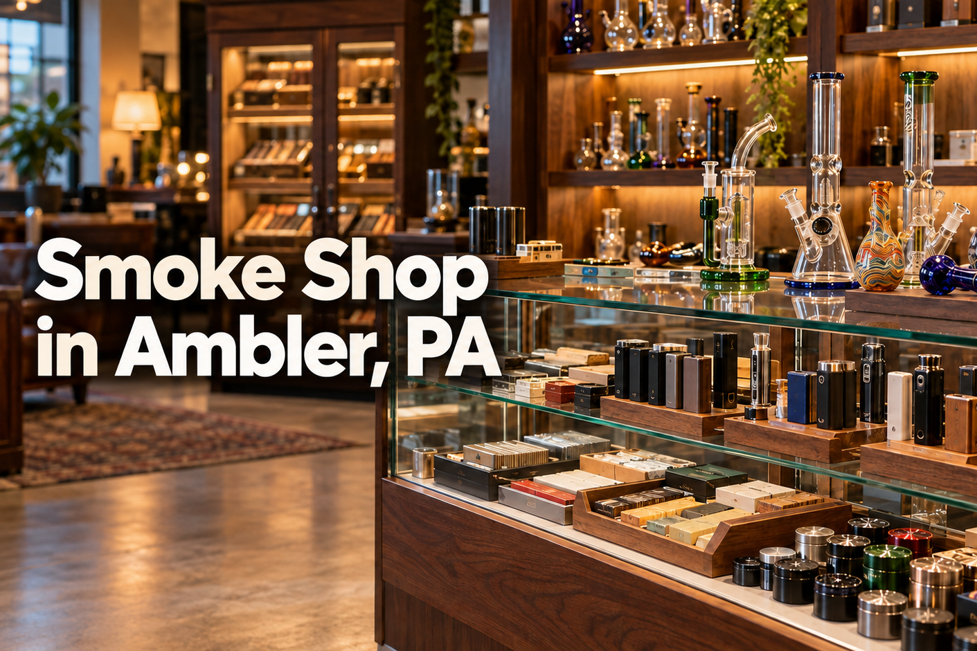 Smoke shop in Ambler, Pennsylvania, with glass accessories and products