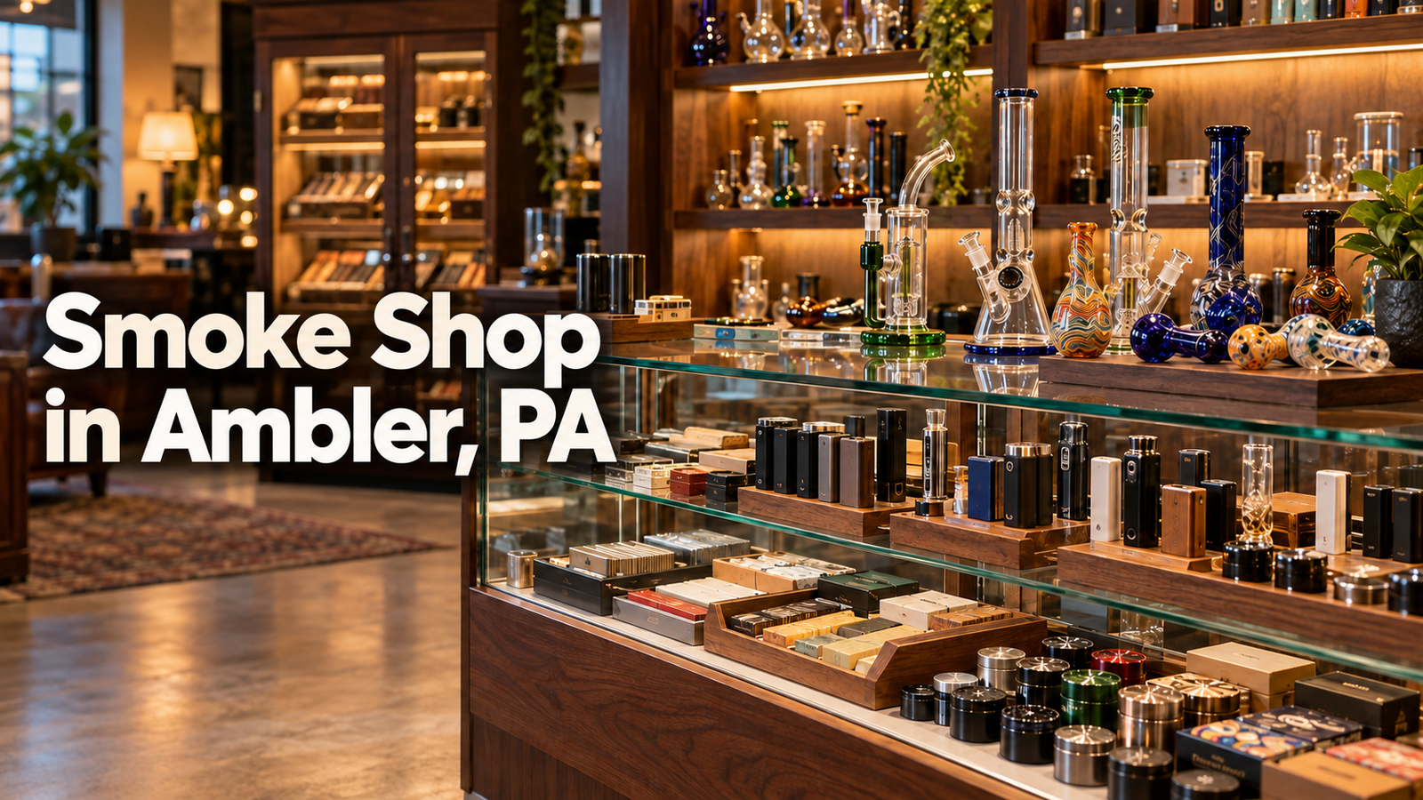 Smoke shop in Ambler, Pennsylvania, with glass accessories and products